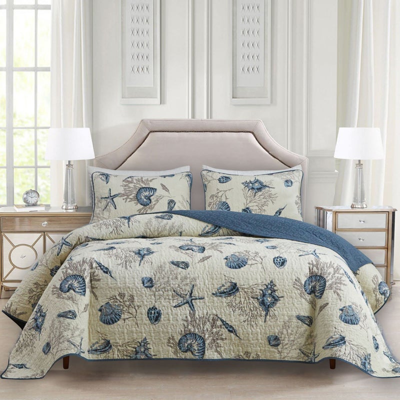 ABREEZE Coastal Beach Theme Quilt Set with Shams Queen Nautical Coverlet Cotton Bedspread Ocean Bedding Set Sea Shell Conch Coral Starfish Comforter Set Beige,Full/Queenï¼Œ3 Pieces - Image 1